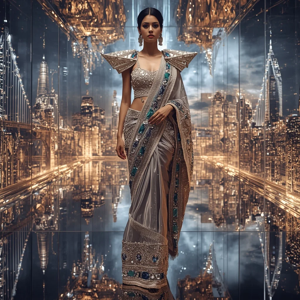 Giant Luxury Crystal Infinity Bridge Saree with Floating Sky Metropolis | Romantic Ai Prompt