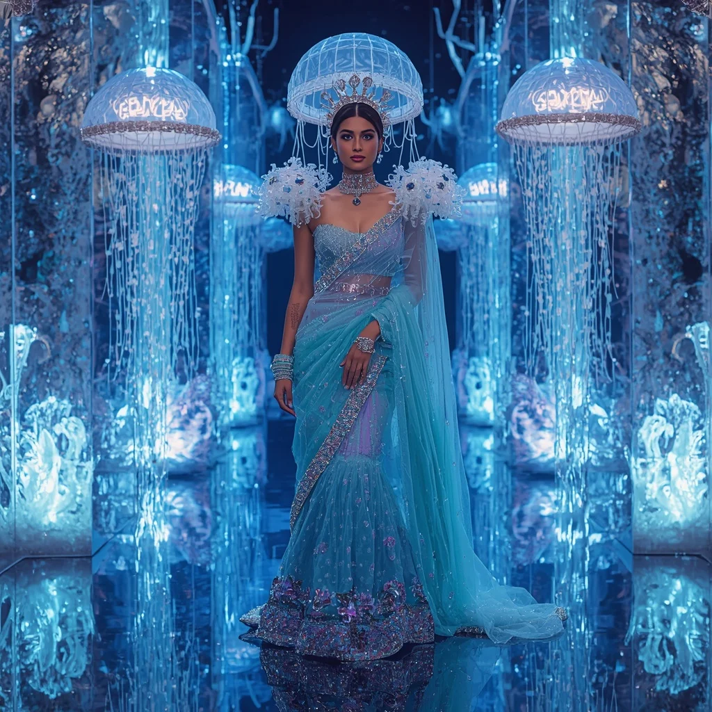 Giant Luxury Crystal Jellyfish Crown Saree with Bioluminescent Ocean Palace | Prompt For Gemini AI Girl Style Trending Indian