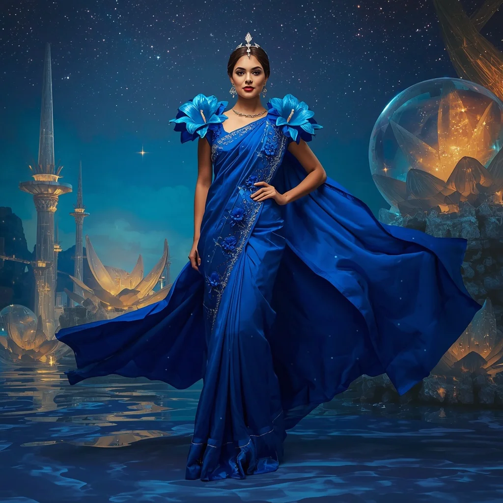 Giant Luxury Crystal Lily Observatory Saree with Sapphire Star Empire | Face Ai Prompt