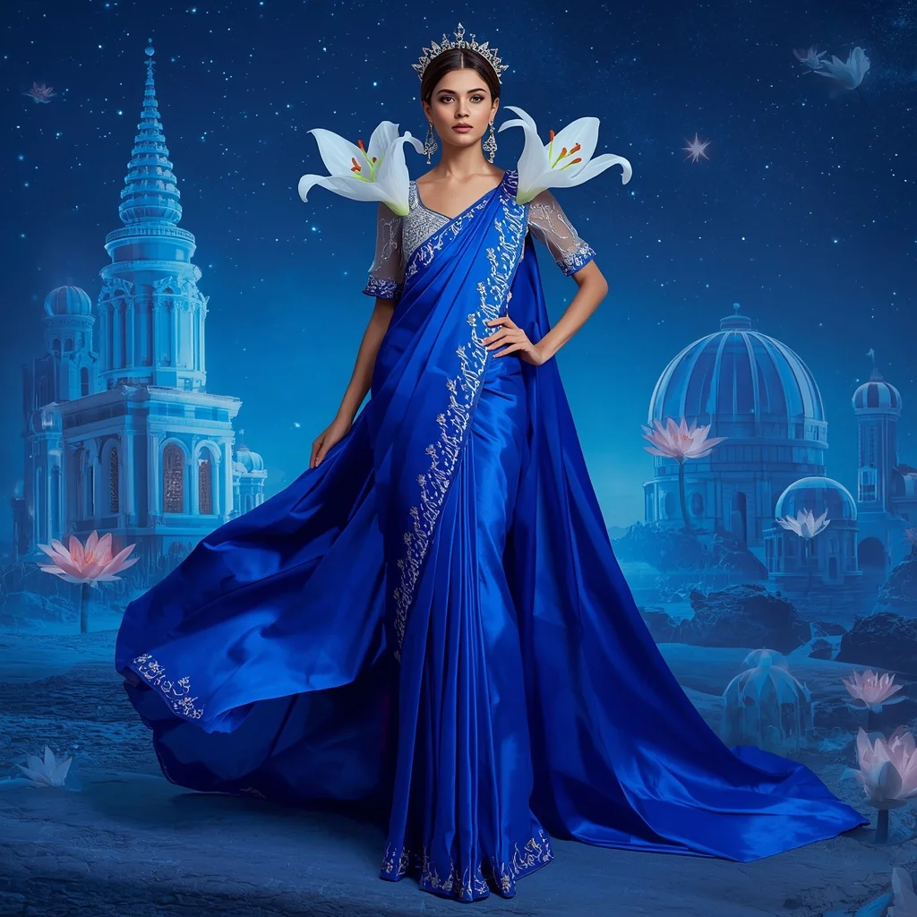 Giant Luxury Crystal Lily Observatory Saree with Sapphire Star Empire | Pre Wedding Ai Prompt