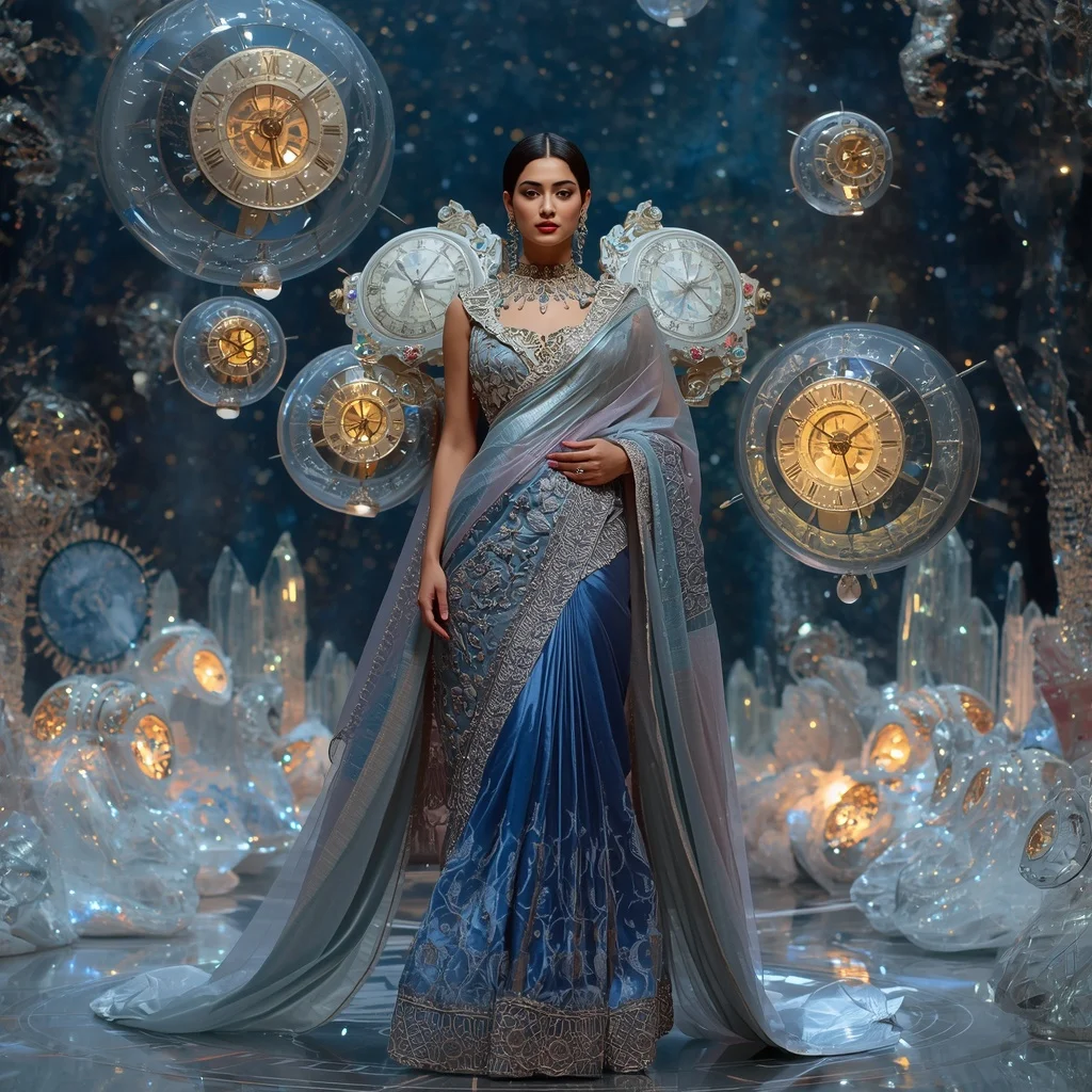 Giant Luxury Crystal Moon Clock Saree with Floating Time Galaxy Kingdom | Ai Image Prompt