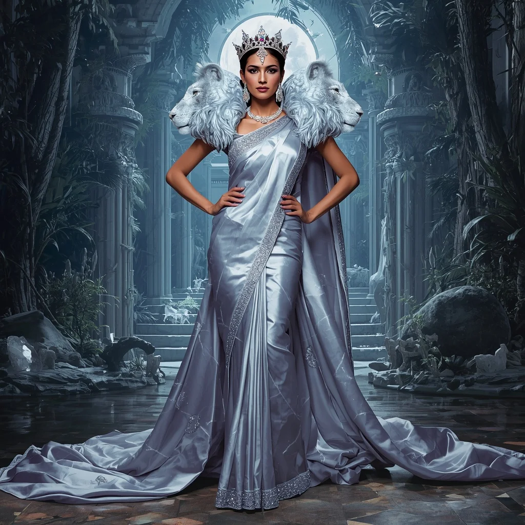 Giant Luxury Crystal Moon Lioness Saree with Silver Royal Jungle Kingdom | Prompt Ai For Girl Aesthetic