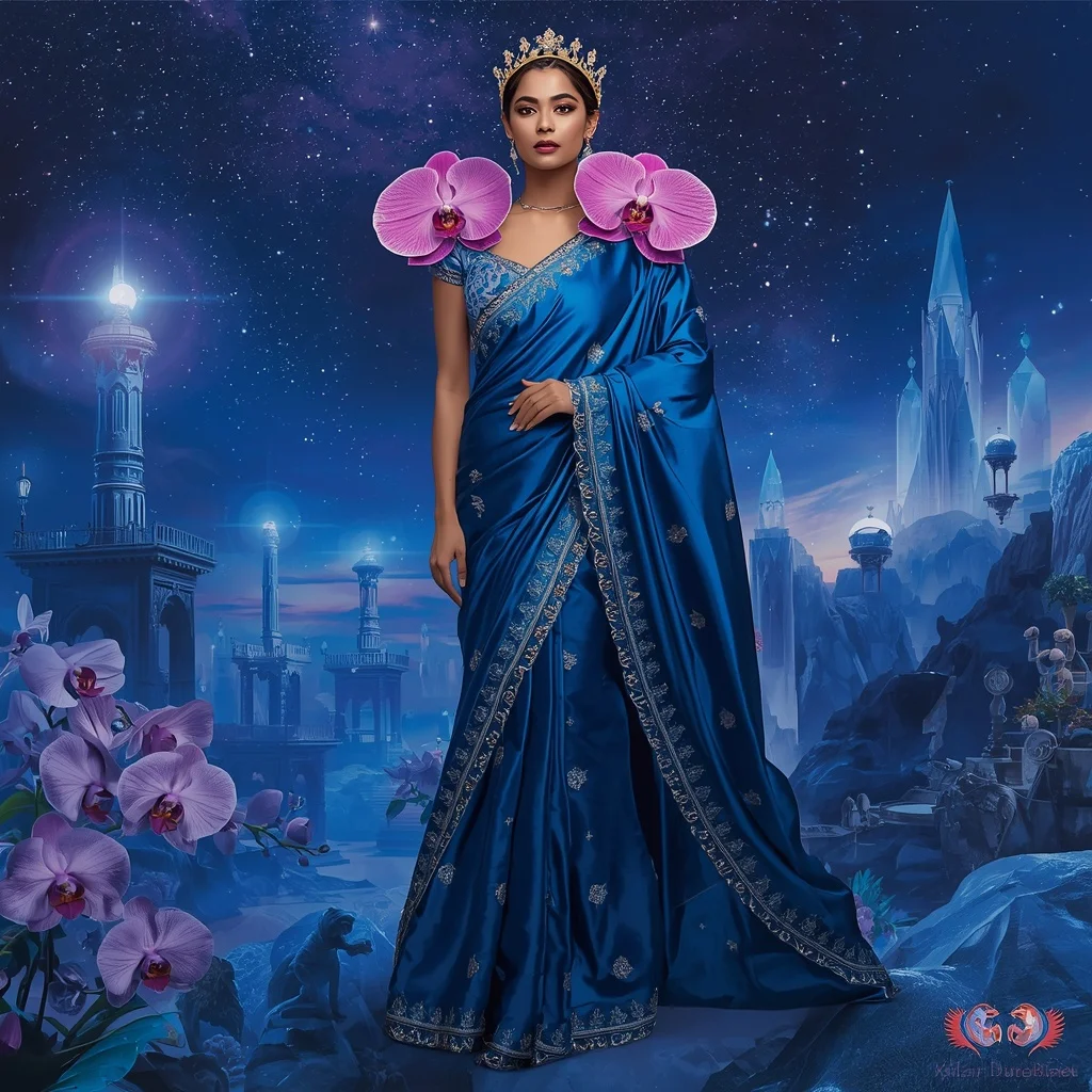 Giant Luxury Crystal Orchid Observatory Saree with Sapphire Star Kingdom | Festival Prompt