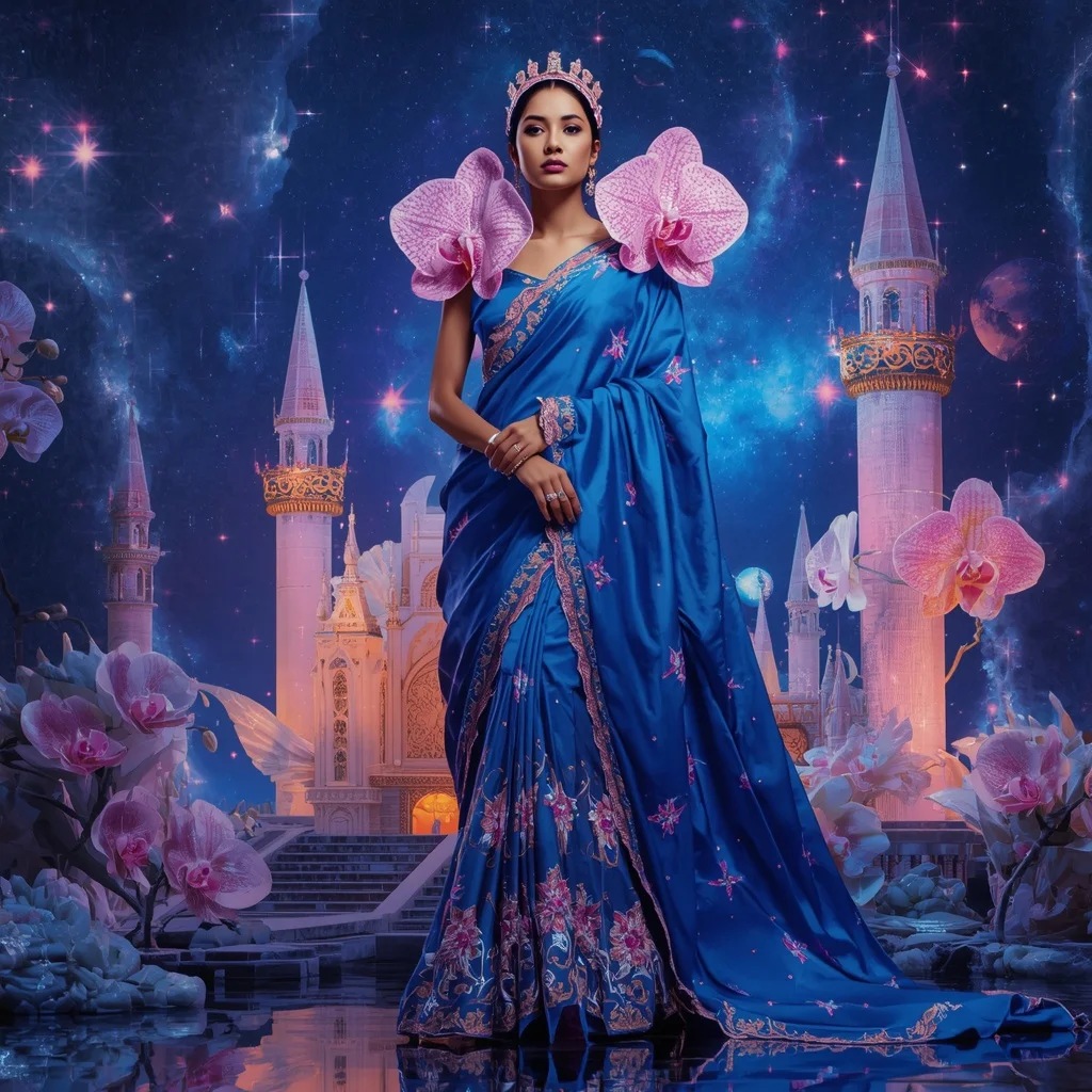 Giant Luxury Crystal Orchid Star Fortress Saree with Sapphire Cosmic Empire | Chatgpt Prompt