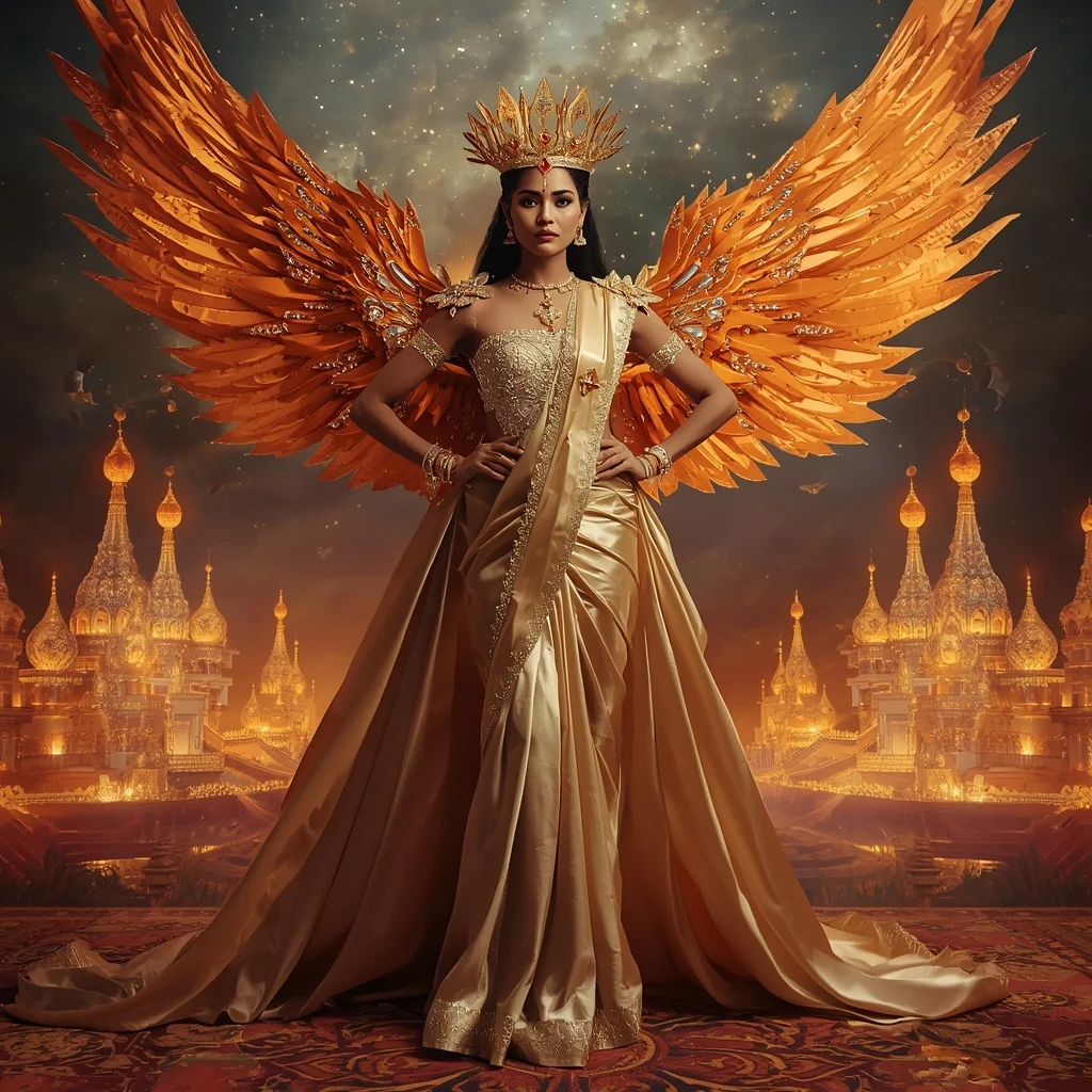 Giant Luxury Crystal Phoenix Crown Saree with Celestial Fire Dominion | Trending Prompt In Instagram Ai Photo Girls