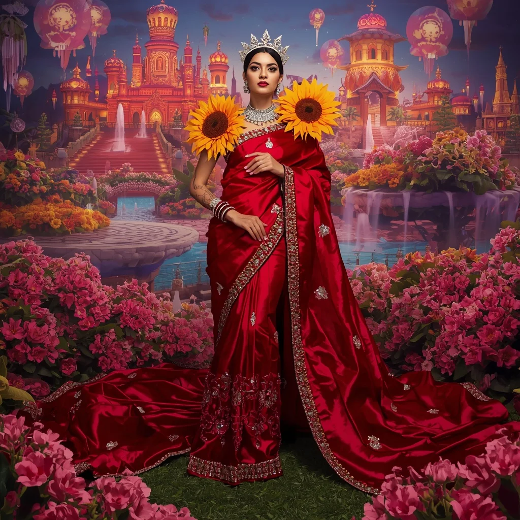 Giant Luxury Crystal Ruby Sunflower Palace Saree with Bloom Festival Capital | Gemini Ai Prompt