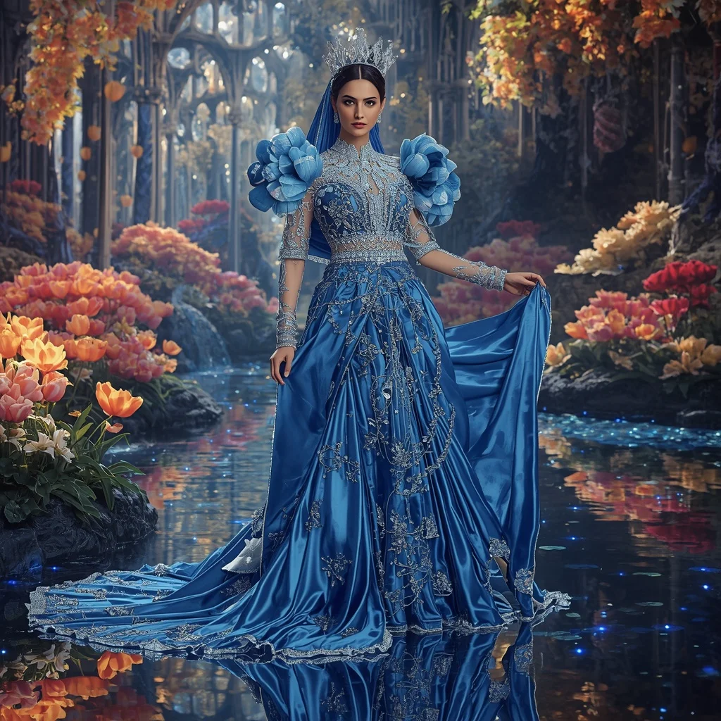 Giant Luxury Crystal Sapphire Tulip Cathedral Saree with Reflection Bloom Dynasty | Profile Picture Ai Prompt