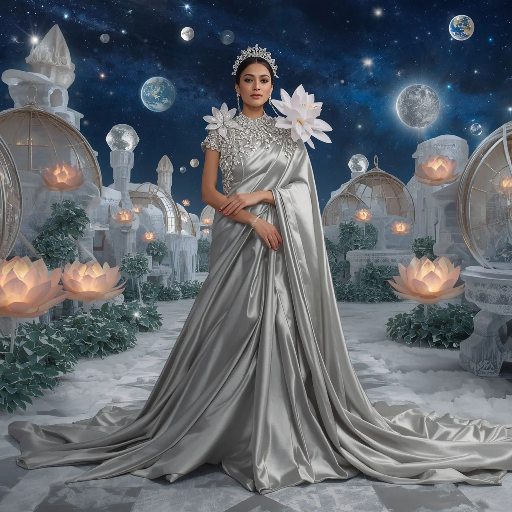 Giant Luxury Crystal Silver Lotus Planetarium Saree with Frozen Star Kingdom | Instagram Story Ai Prompt