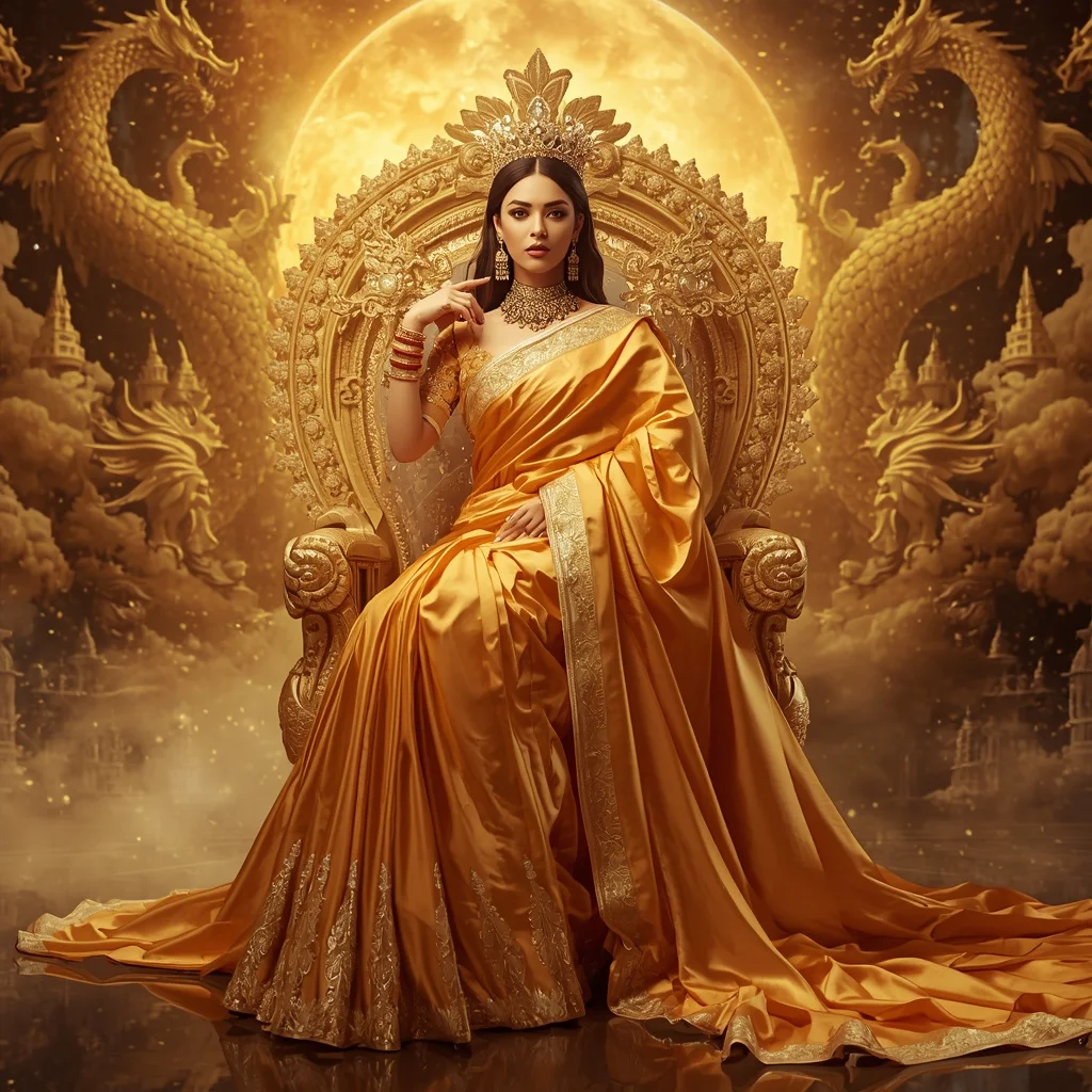 Giant Luxury Crystal Solar Dragon Throne Saree with Golden Celestial Dominion | Prompt Seen Gemini Girl Instagram