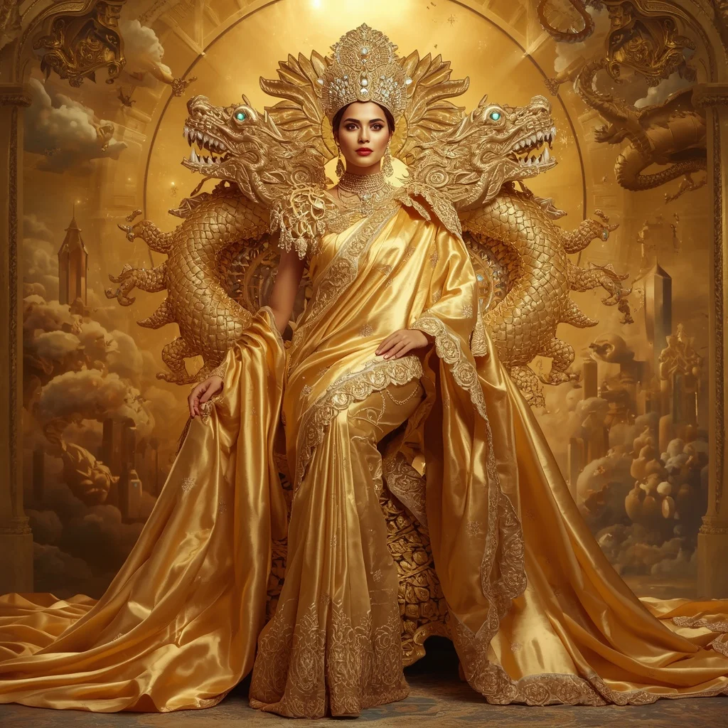 Giant Luxury Crystal Solar Dragon Throne Saree with Golden Celestial Dominion | Gemini Ai Photo Prompt