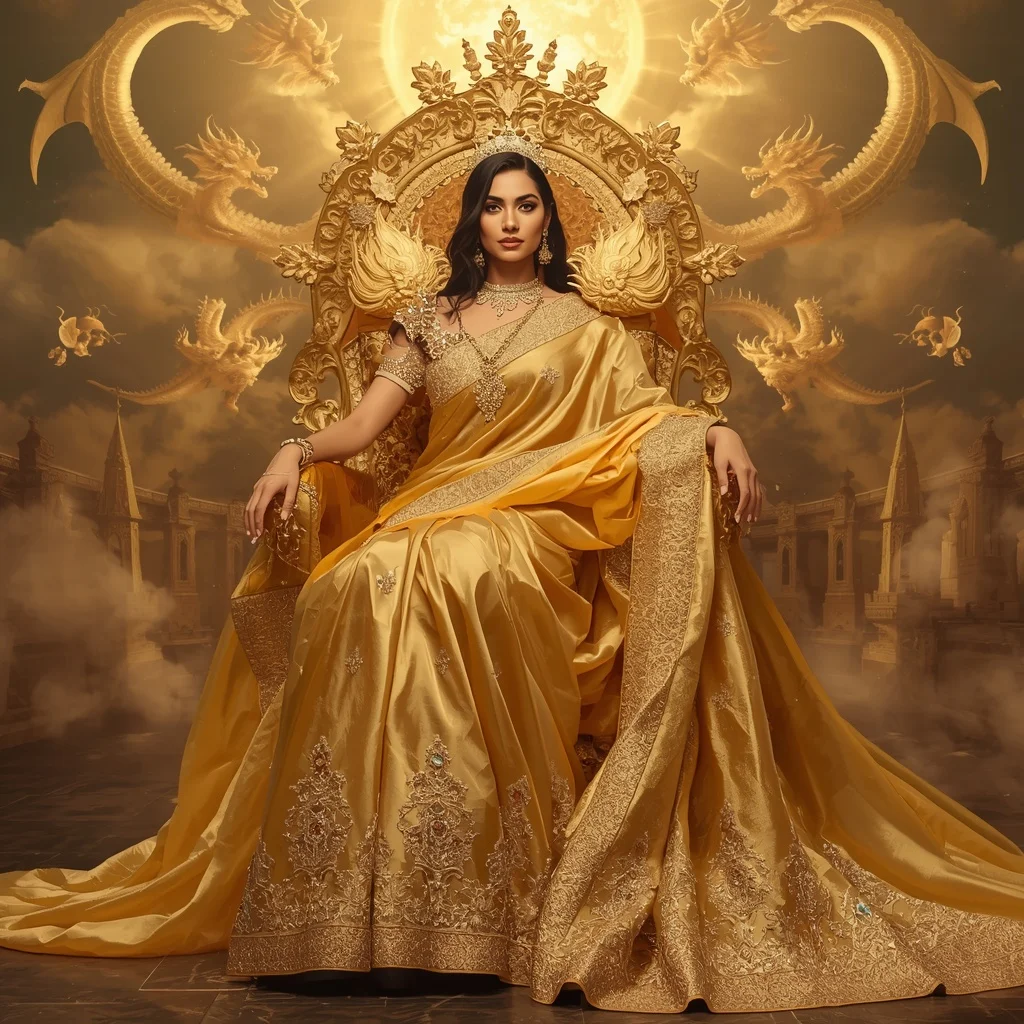 Giant Luxury Crystal Solar Dragon Throne Saree with Golden Celestial Dominion | Trending Girl Photo Prompt