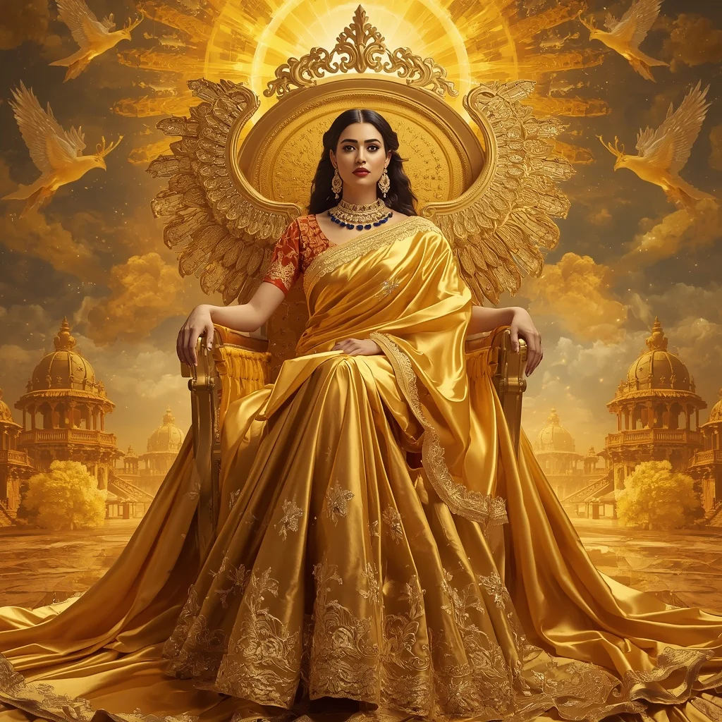 Giant Luxury Crystal Solar Griffin Throne Saree with Golden Celestial Empire | Ai Prompt Generator Free