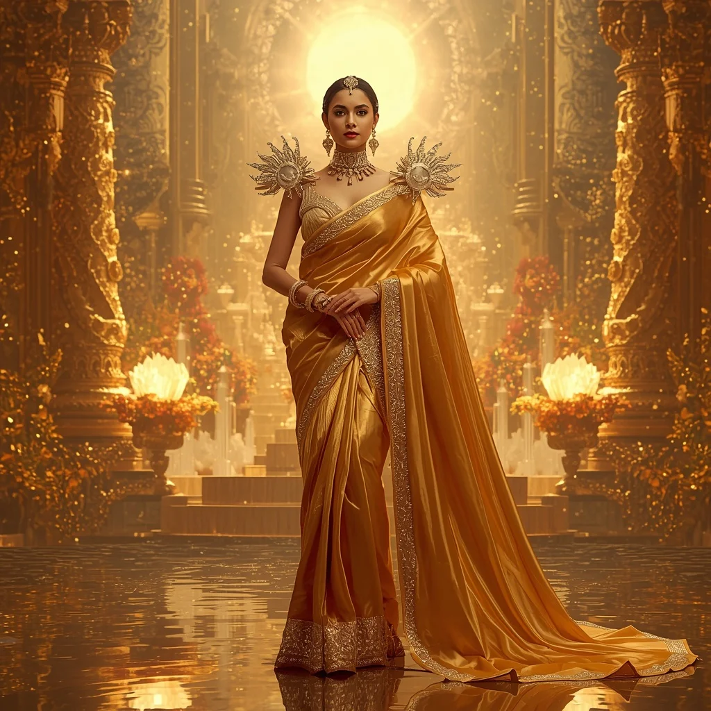 Giant Luxury Crystal Sun Palace Saree with Golden Reflection Realm | Instagram Post Ai Prompt