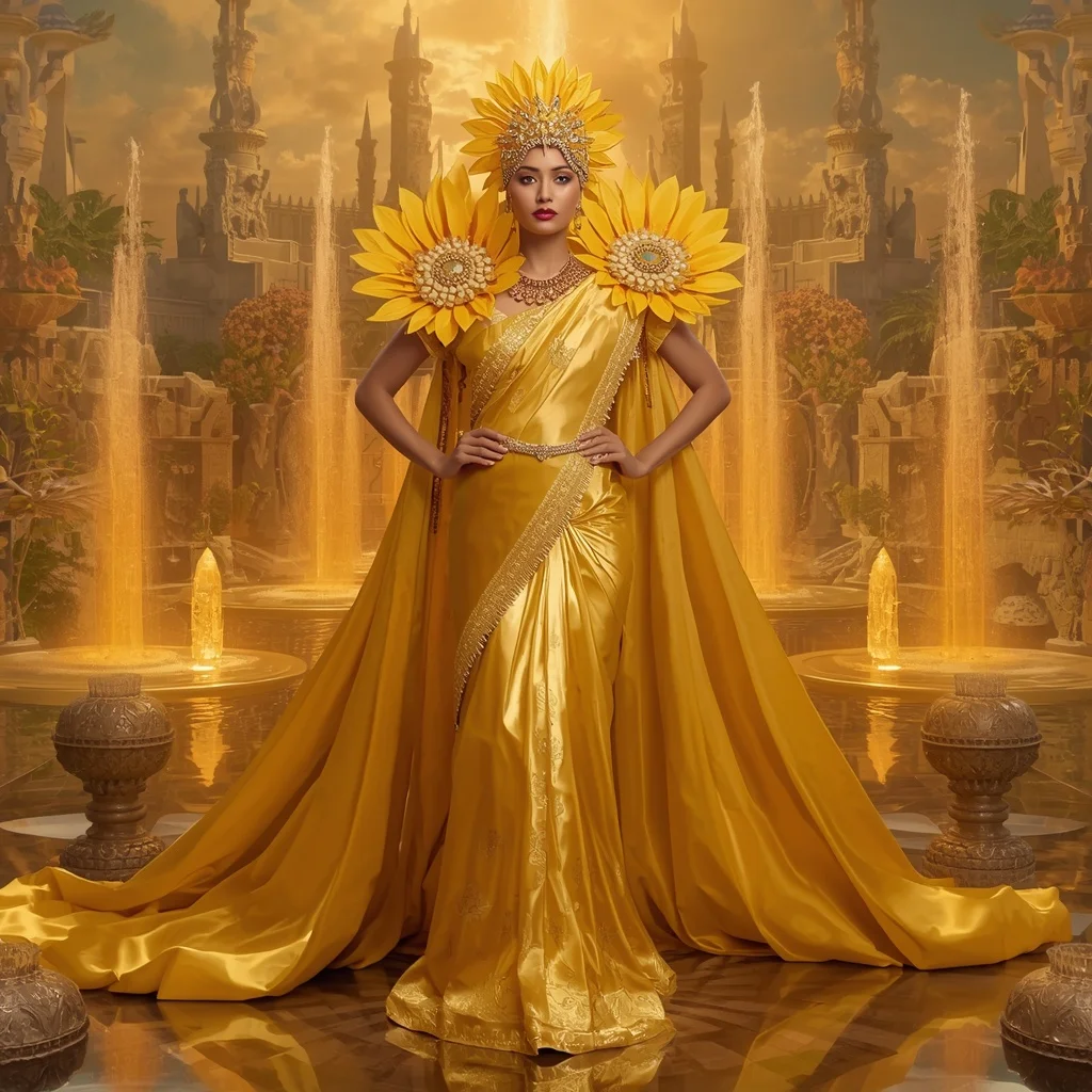 Giant Luxury Crystal Sunflower Fortress Saree with Golden Bloom Dominion | Ai Prompt For Reels