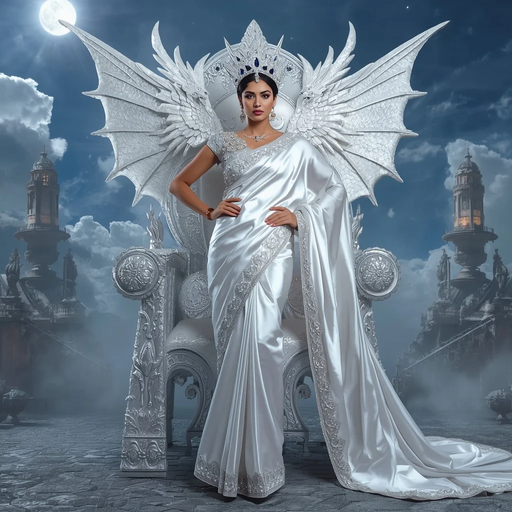 Giant Luxury Crystal White Dragon Throne Saree with Silver Sky Empire | Saree Ai Prompt