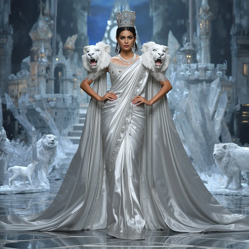 Giant Luxury Crystal White Lion Saree with Silver Royal Empire | Prompt For Gemini AI Girl Style Trending Indian