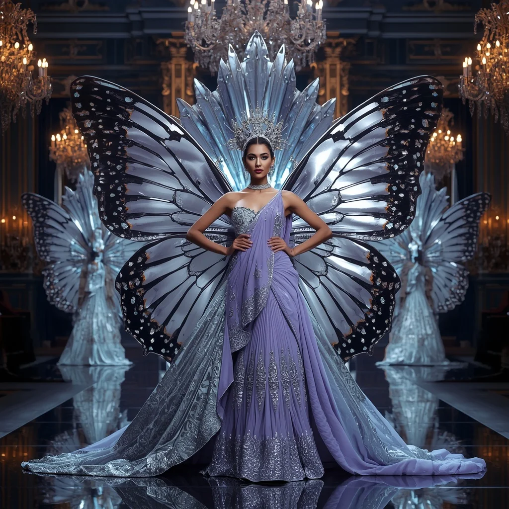 Giant Metallic Butterfly Crown Saree with Cyber Royal Throne Hall | South Indian Bride Ai Prompt
