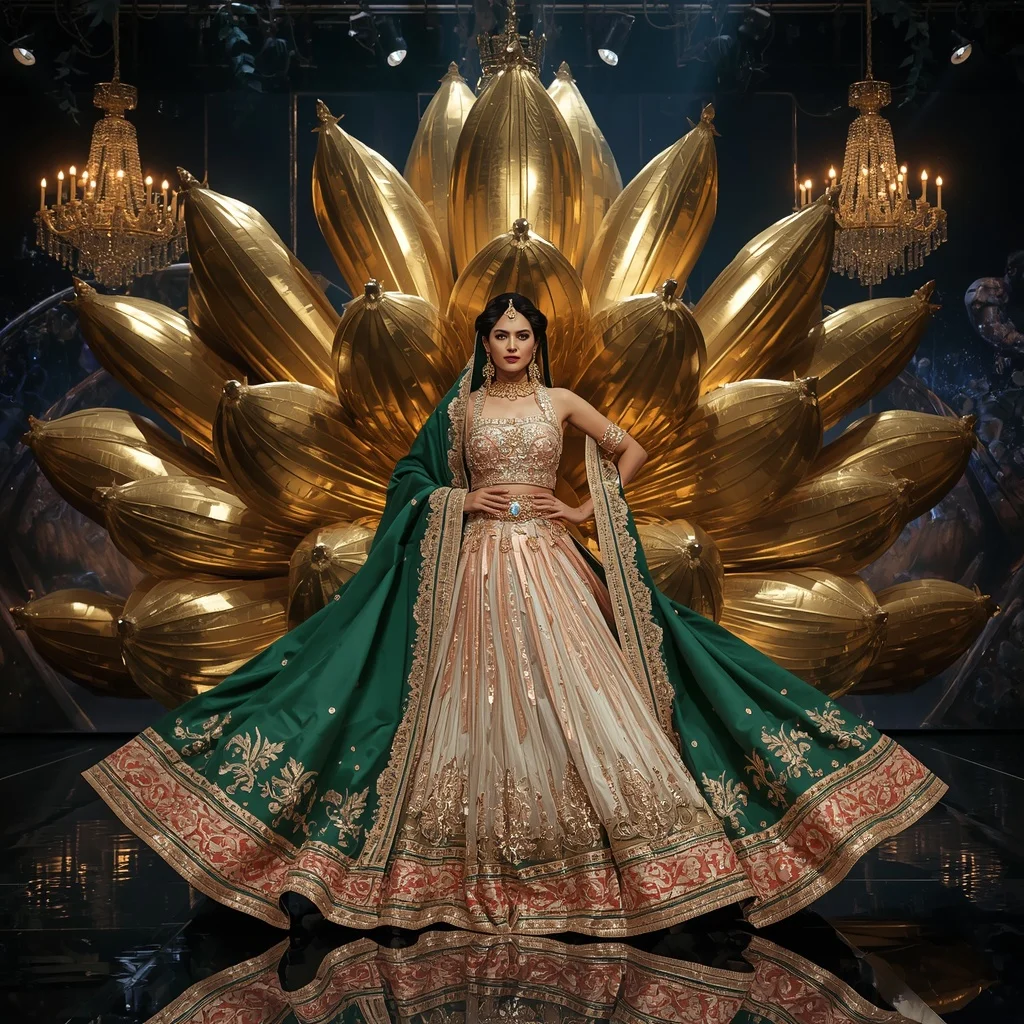 Giant Metallic Crown Lotus Saree with Maharani Celestial Universe | Cinematic Saree Ai Prompt