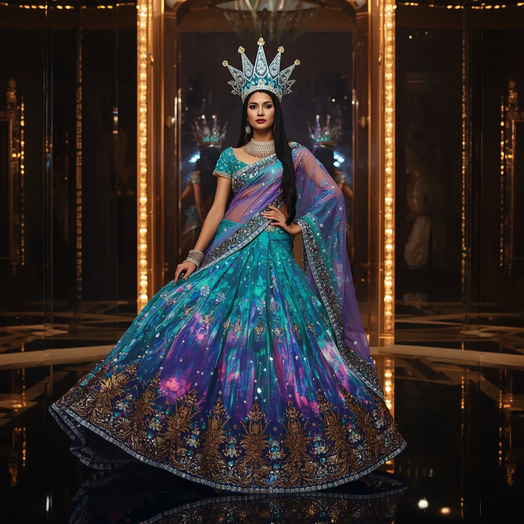 Giant Mirror Aurora Crown Saree with Festival Cosmic Palace | Trending Prompt Girls ChatGPT