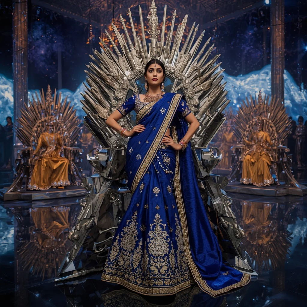 Giant Mirror Eclipse Throne Saree with Festival Cosmic Kingdom | Prompt Engineering