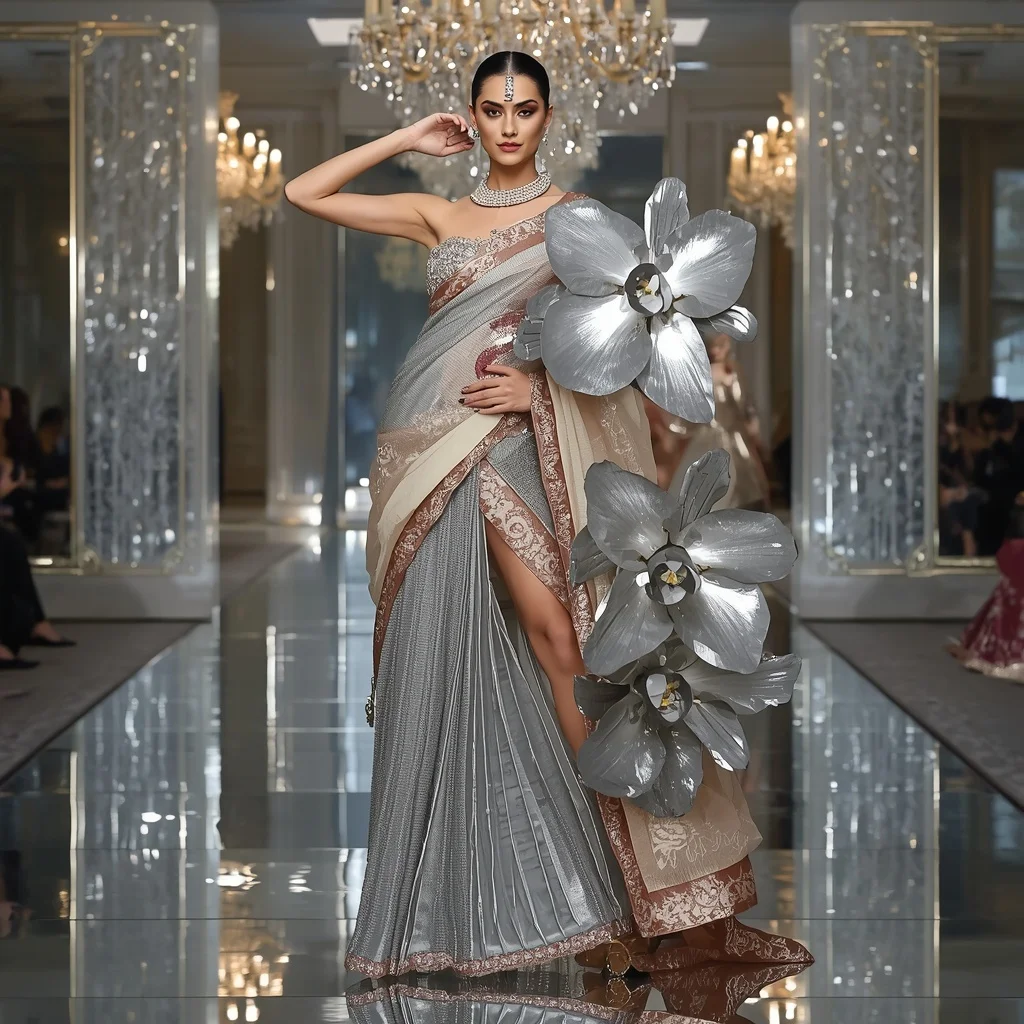 Giant Mirror Orchid Saree with Royal Crystal Ballroom | Woman Pose Ai Prompt