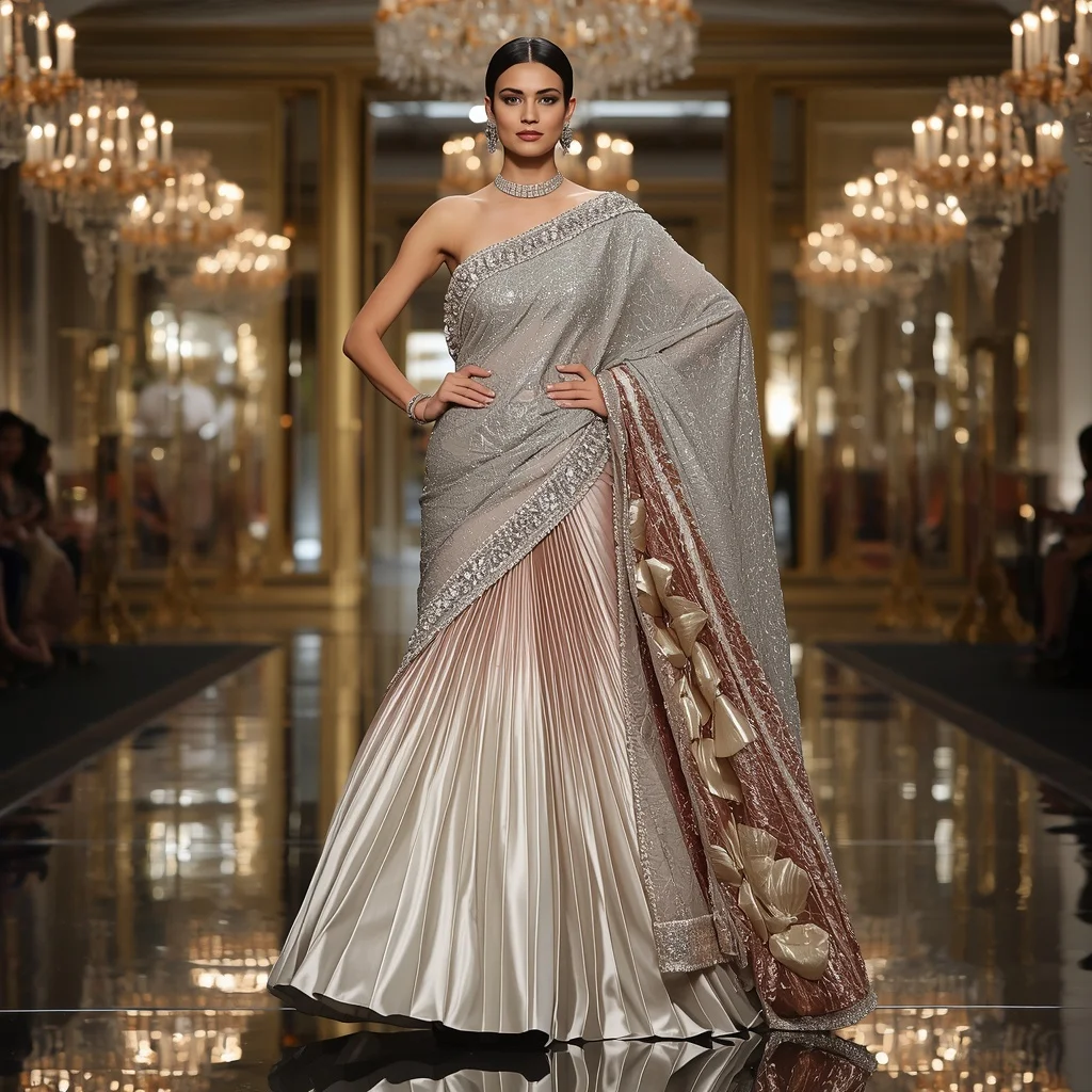 Giant Mirror Tulip Saree with Royal Crystal Ballroom | Prompt Seen Girls AI Photo Editing