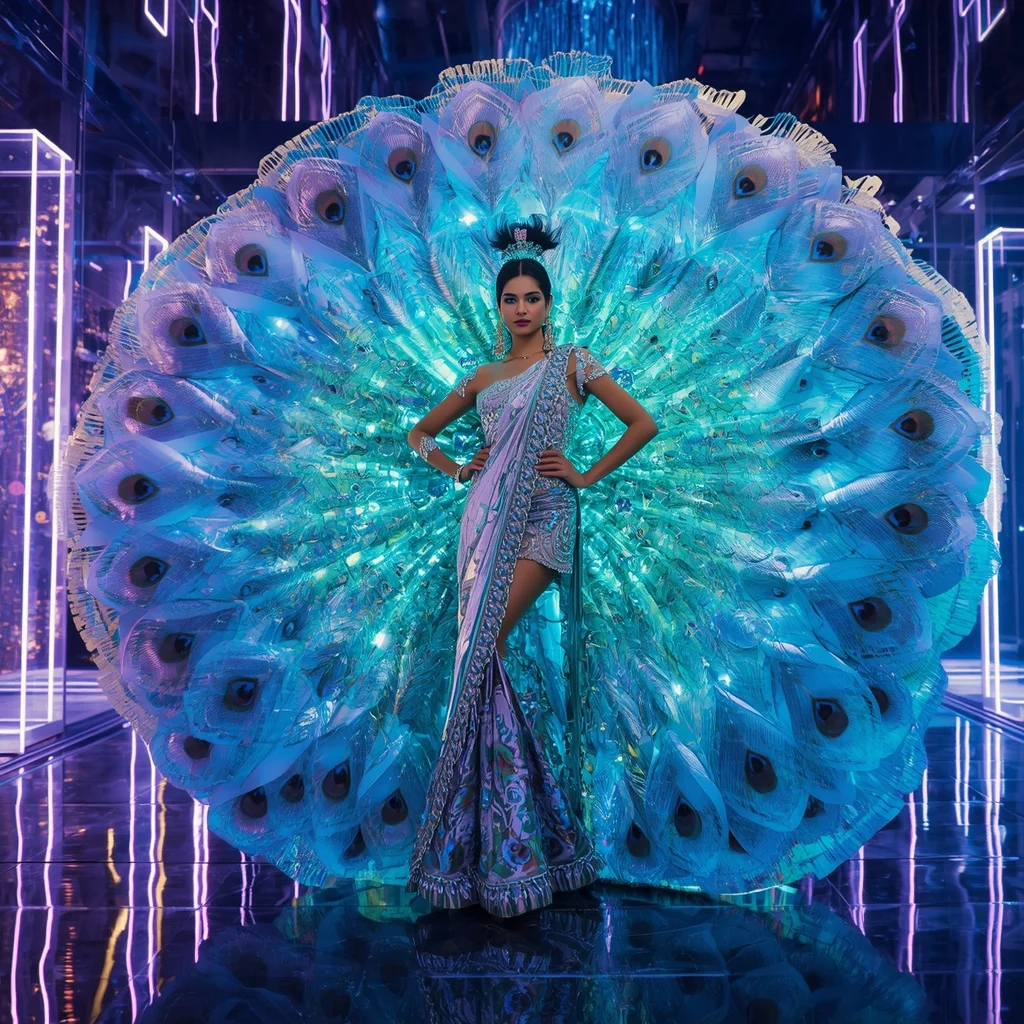 Giant Neon Ribbon Peacock Saree with Cyber Celebration Universe | Kurti Style Ai Prompt