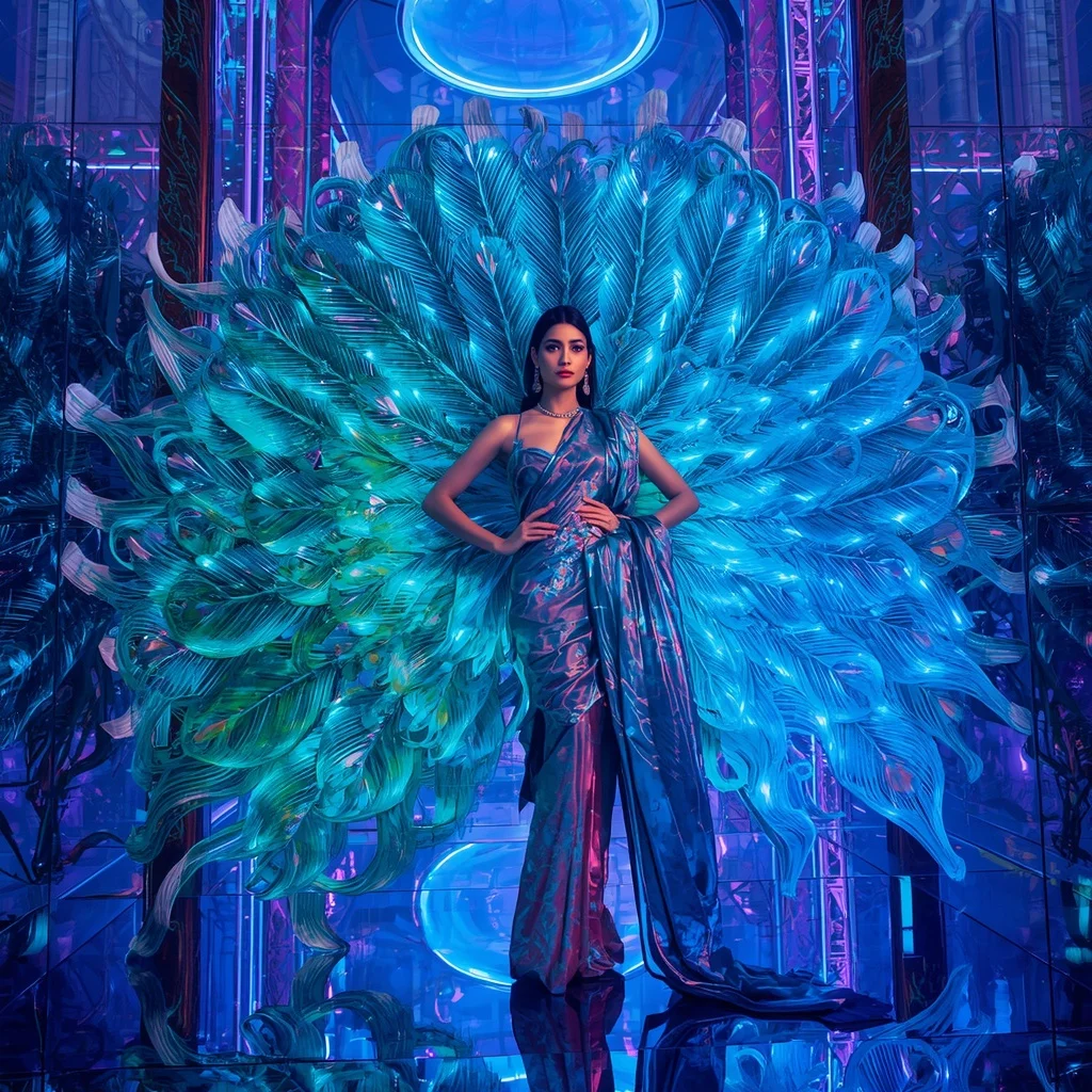 Giant Neon Ribbon Peacock Saree with Cyber Festival Reflection Cathedral | Prompt Gemini