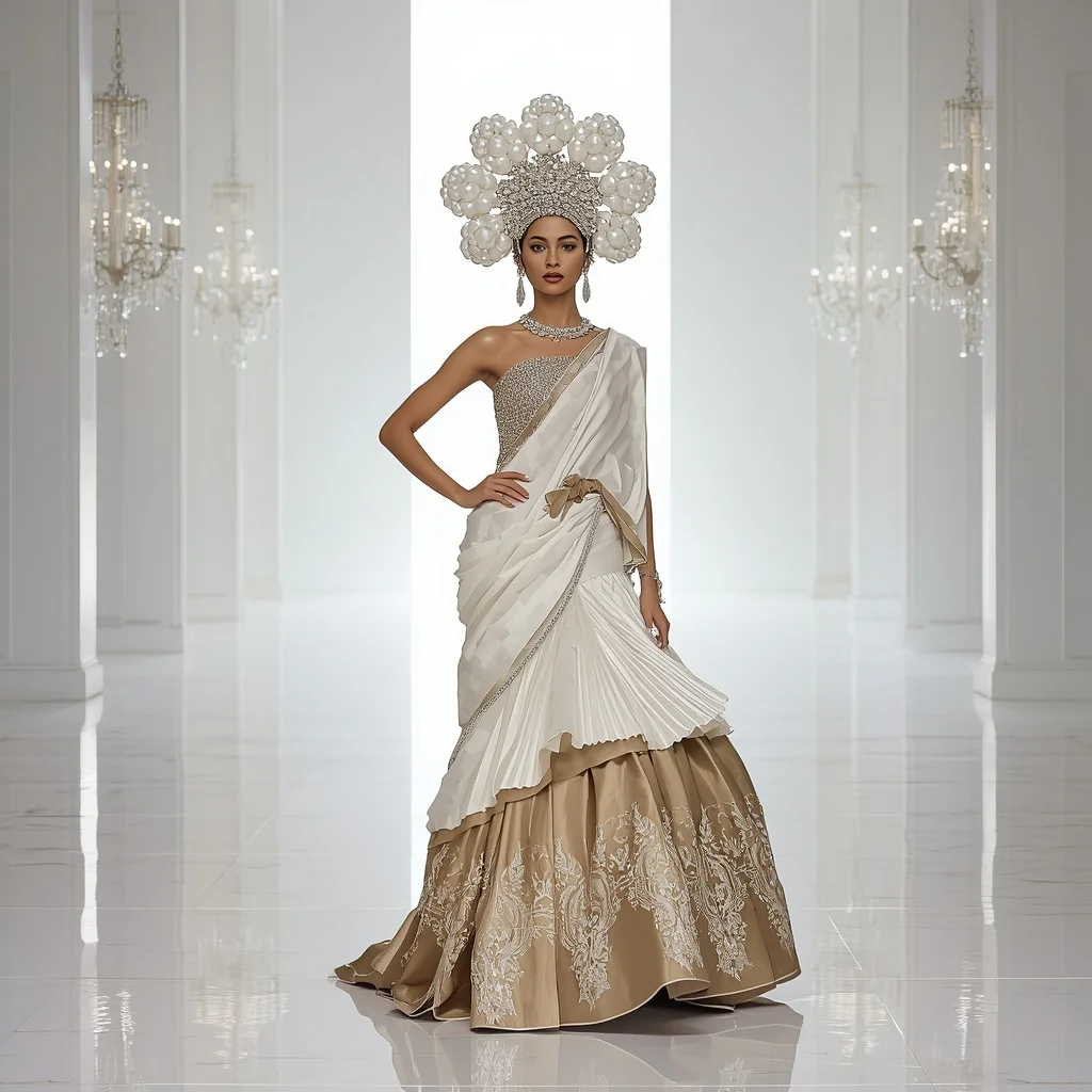 Giant Pearl Blossom Crown Saree with White Infinity Cathedral | Bridal Ai Prompt