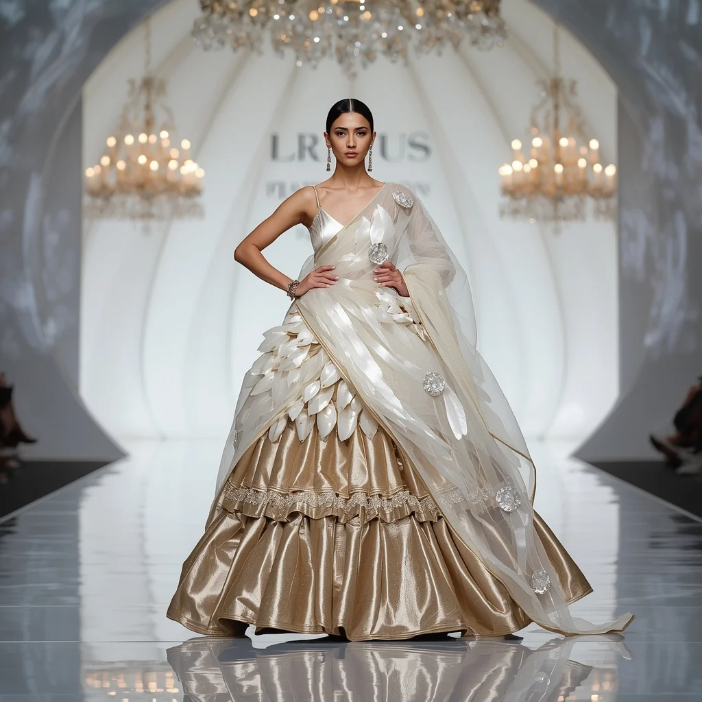 Giant Pearl Lotus Saree with White Infinity Dome | Modern Design Ai Prompt