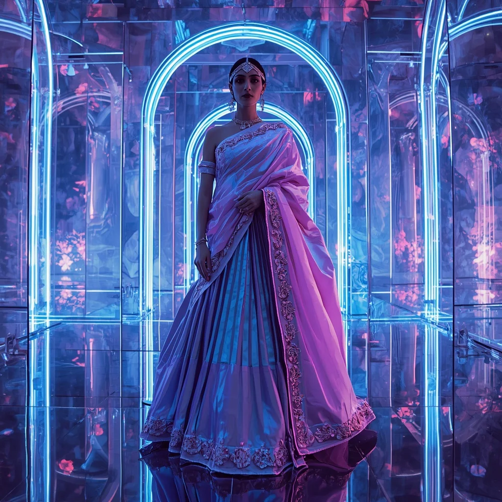 Giant Prism Temple Saree with Holographic Royal Infinity Ballroom | Wedding Saree Ai Prompt