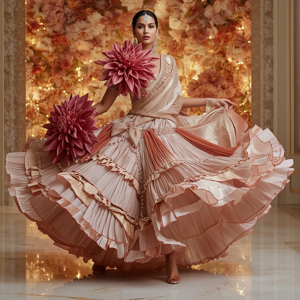 Giant Velvet Dahlia Saree with Luxury Floral Palace | Prompt Seen Trending Girl