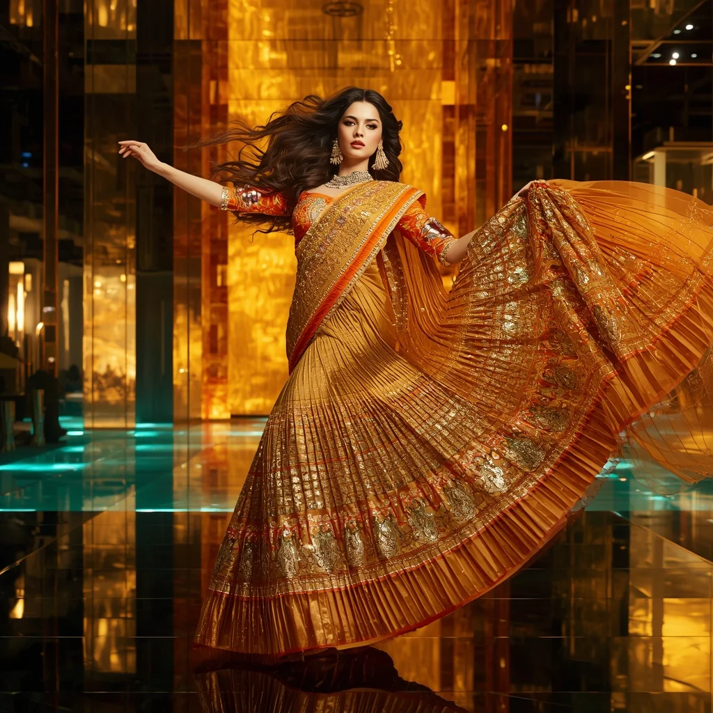 Golden Aurora Flame Saree with Floating Infinity Citadel | Attitude Ai Prompt