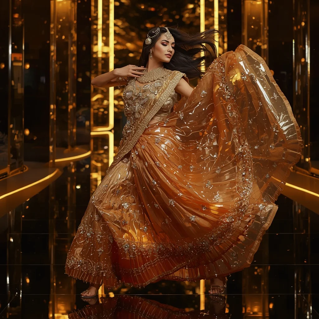 Golden Aurora Mirage Saree with Floating Infinity Arena | Makeup Ai Prompt