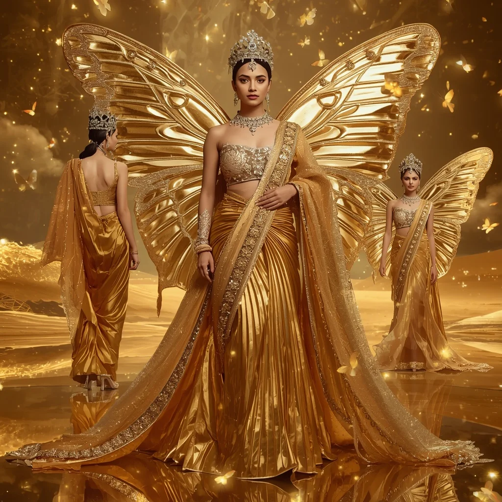 Golden Butterfly Mirage Royale Saree  Royal Multi-Pose Metallic Couture with Jewel Desert Empire Background | 4k Ai Prompt