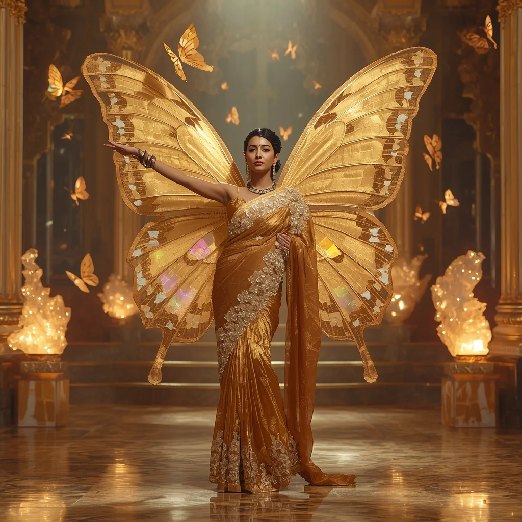 Golden Butterfly Symphony Saree with Celestial Music Hall Background | New Design Ai Prompt
