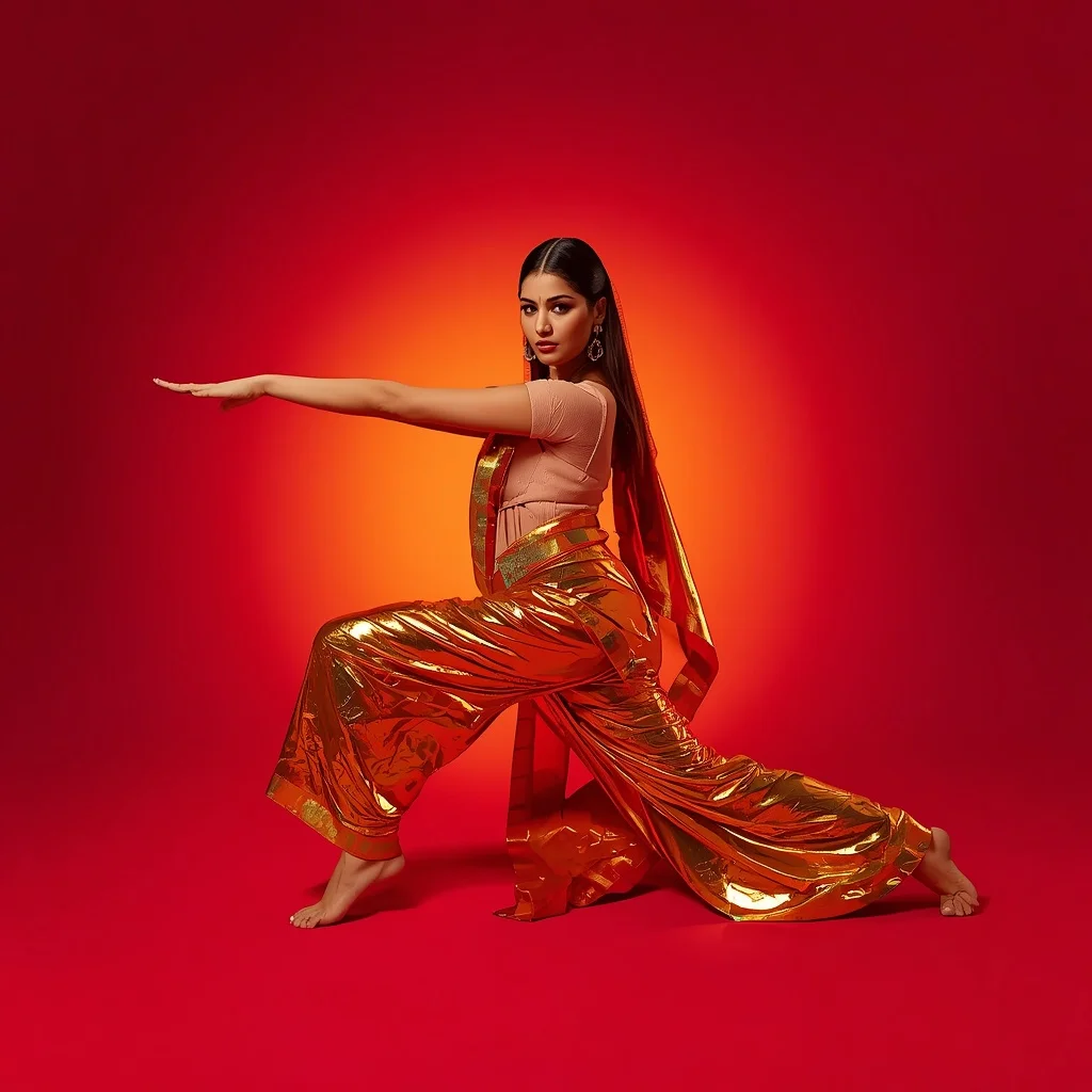Golden Chrome Foil Saree – Deep Lunge Pose with Sunset Gradient Plaster | Flux Ai Prompt