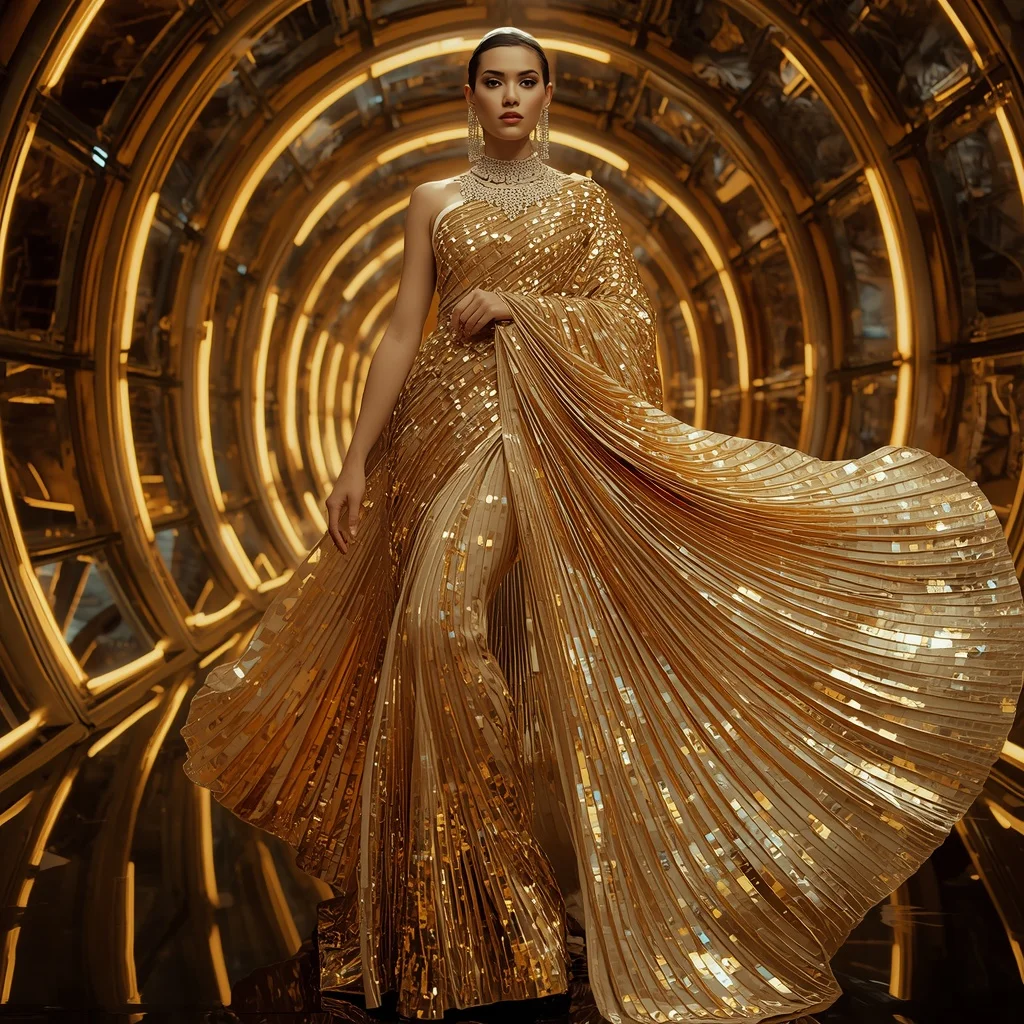 Golden Crystal Aurora Saree with Floating Orbital Neon Corridors