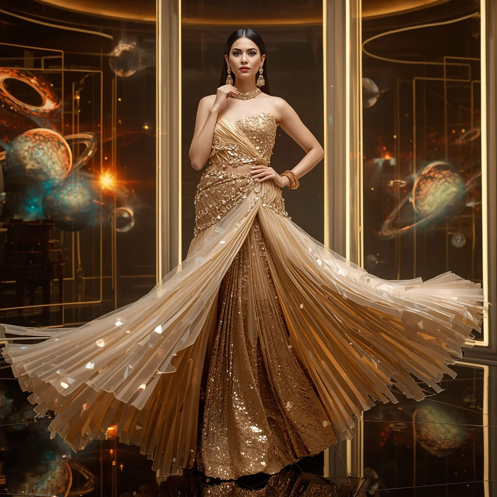 Golden Crystal Aurora Saree with Floating Orbital Neon Universes | Prompt For Girls Trending