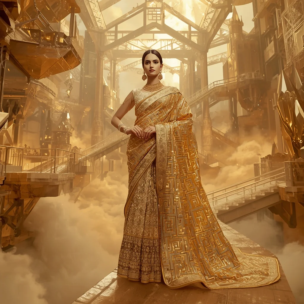Golden Crystal Maze Saree with Floating Palace Labyrinth | Prompt Seen Girl Lehenga
