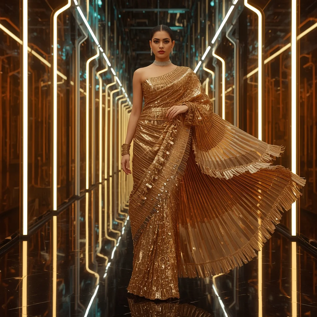 Golden Crystal Quantum Saree with Floating Orbital Neon Corridors | Prompt For Girl Photo Editing