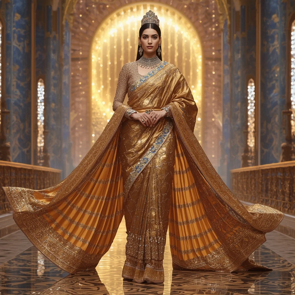 Golden Eagle Emperor Saree with Sky Crystal Cathedrals and Imperial Sun Kingdom | New Instagram Trend Prompt For Girl