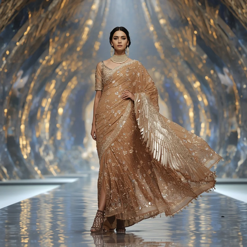 Golden Eagle Sovereign Saree with Sky Crystal Infinity Palace | Trending Prompt Girls