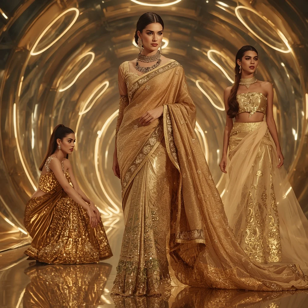 Golden Eclipse Majesty Saree with Floating Halo Infinity Palace | Anime Ai Prompt