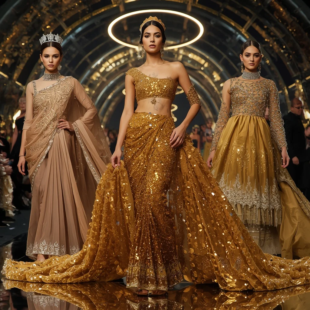 Golden Eclipse Queen Saree with Floating Halo Galaxy Fortress | Prompt Image