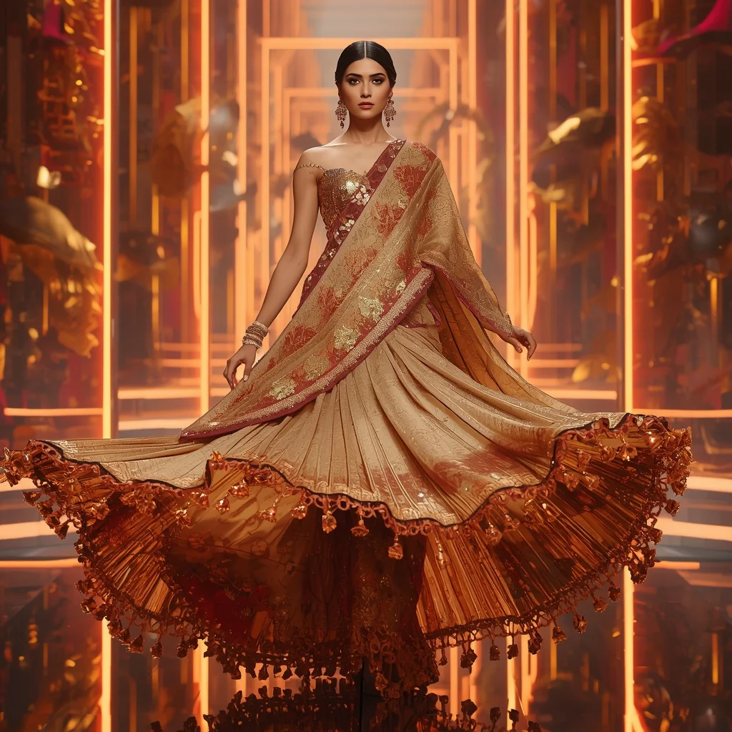 Golden Flame Mirage Saree with Floating Holographic Neon Gateways | Instagram Viral Photo Ai Prompt