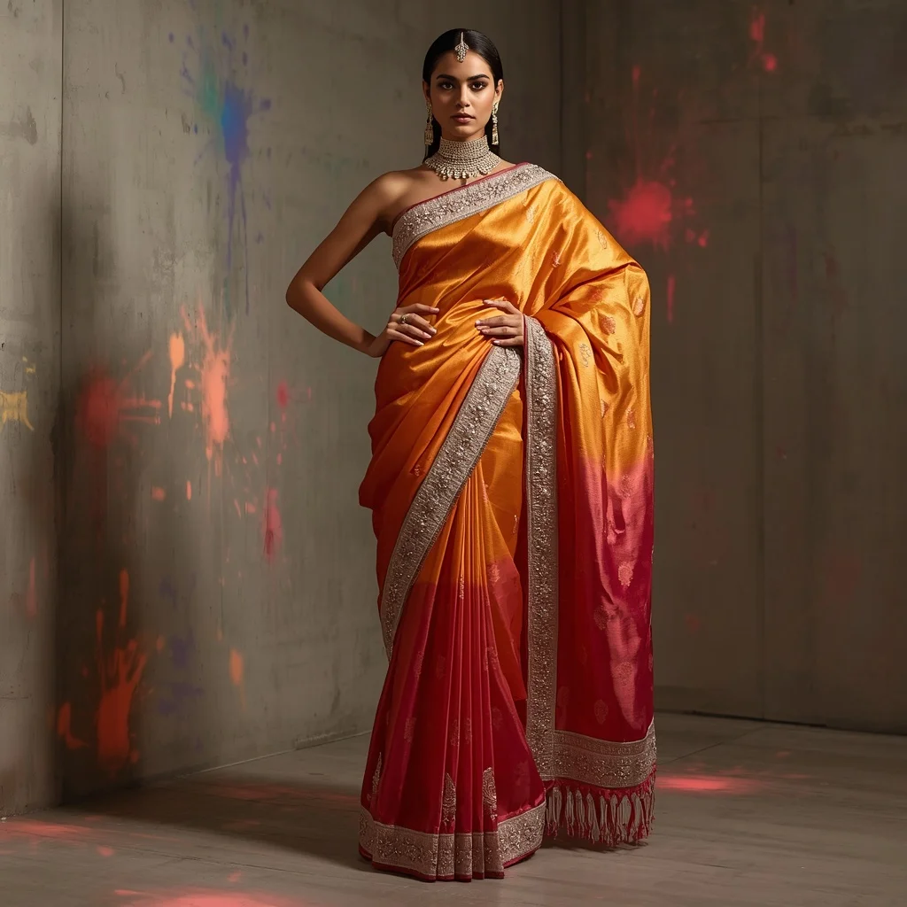Golden-Hour Ombre Silk Saree with Heavy Bullion Embroidery | Festive Prompt