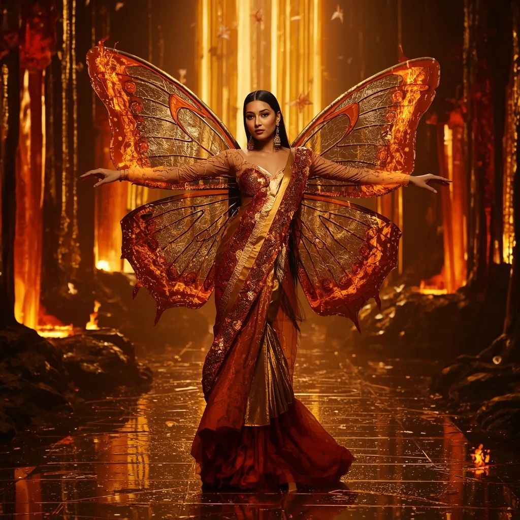 Golden Inferno Butterfly Flame Saree with Multi Pose Fashion Story and Fantasy Lava Palace Background | Desi Girl Ai Prompt