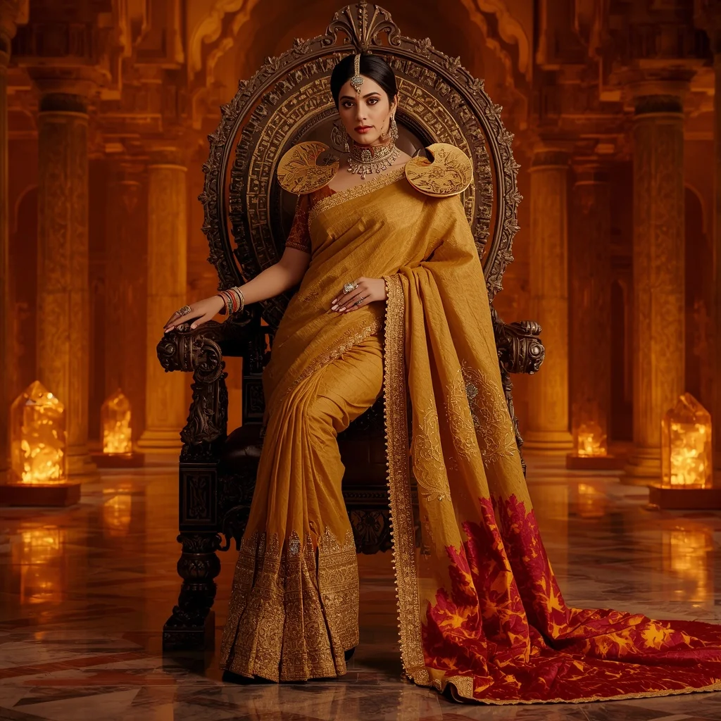 Golden Inferno Moon Saree – Heavy Royal Designer Saree with Throne Pose and Inferno Moon Temple Background | Saree Prompt Chatgpt