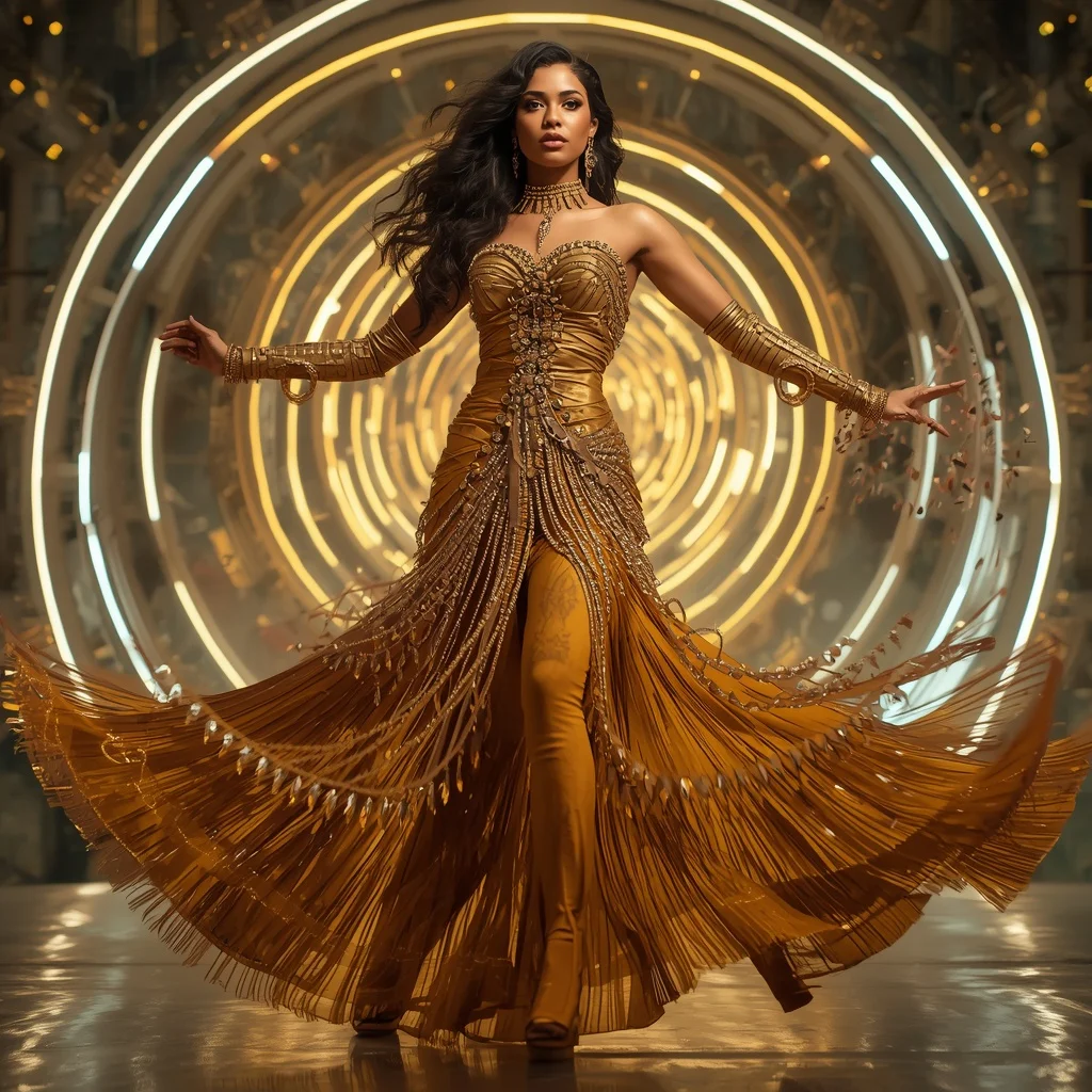 Golden Meteor Storm Apex Armor Saree with Neon Spiral Reactor Infinity Cathedral Vault Engine Singularity Core Collapse System Nexus | Korean Ai Prompt